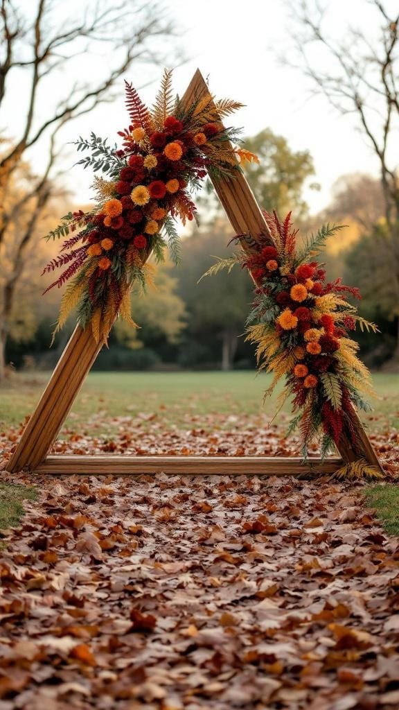 Asymmetrical floral triangle arch decorated with red amaranthus and autumn flowers