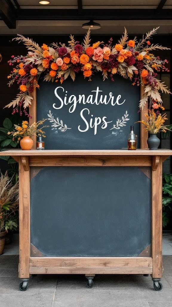 A bar sign decorated with fall foliage in burgundy and orange, featuring a rustic wooden frame and a chalkboard surface.