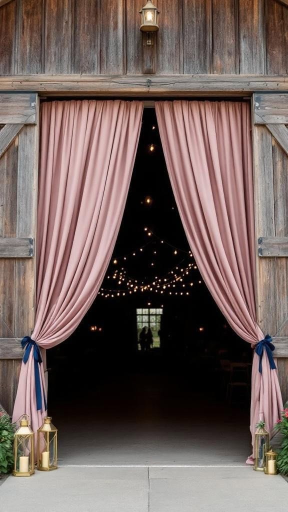 A barn door entrance decorated with dusty pink drapes and navy ribbon, creating a warm and inviting atmosphere.