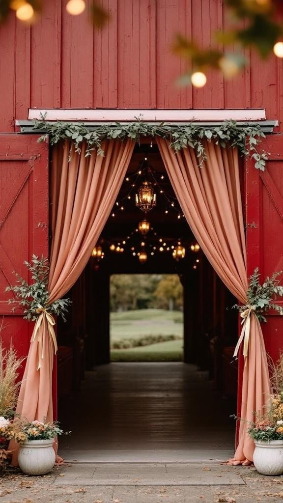 A barn entrance decorated with coral draping and sage leaves, featuring pumpkins and string lights.