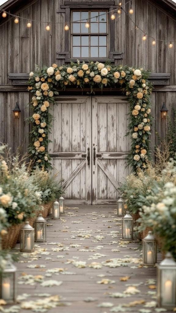 Barn entrance decorated with sage green and gold ribbons, white pumpkins, and candles