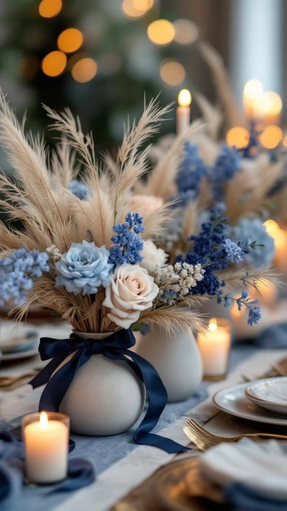 Beige and blue wedding centerpieces with dried flowers and candles