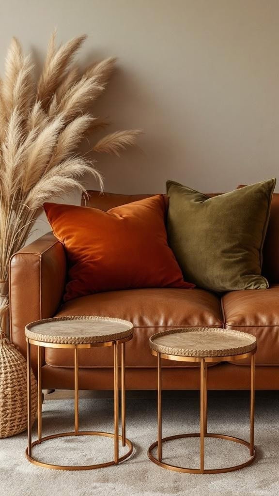 Cozy boho lounge area with copper accents and velvet pillows