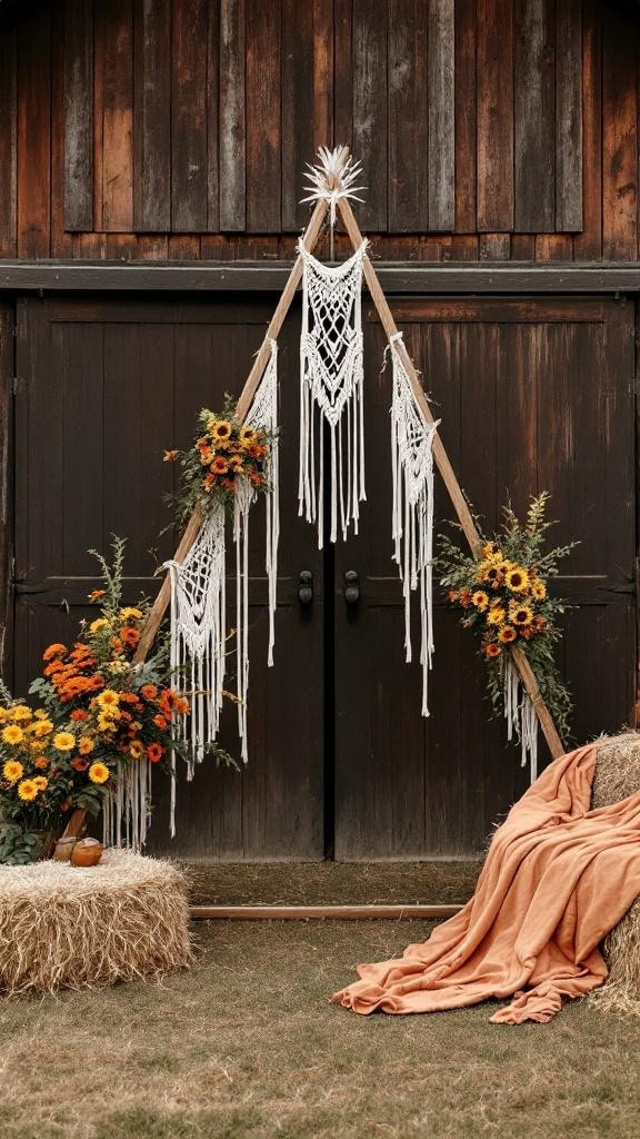 A boho triangle wedding arch with macrame and marigold flowers.