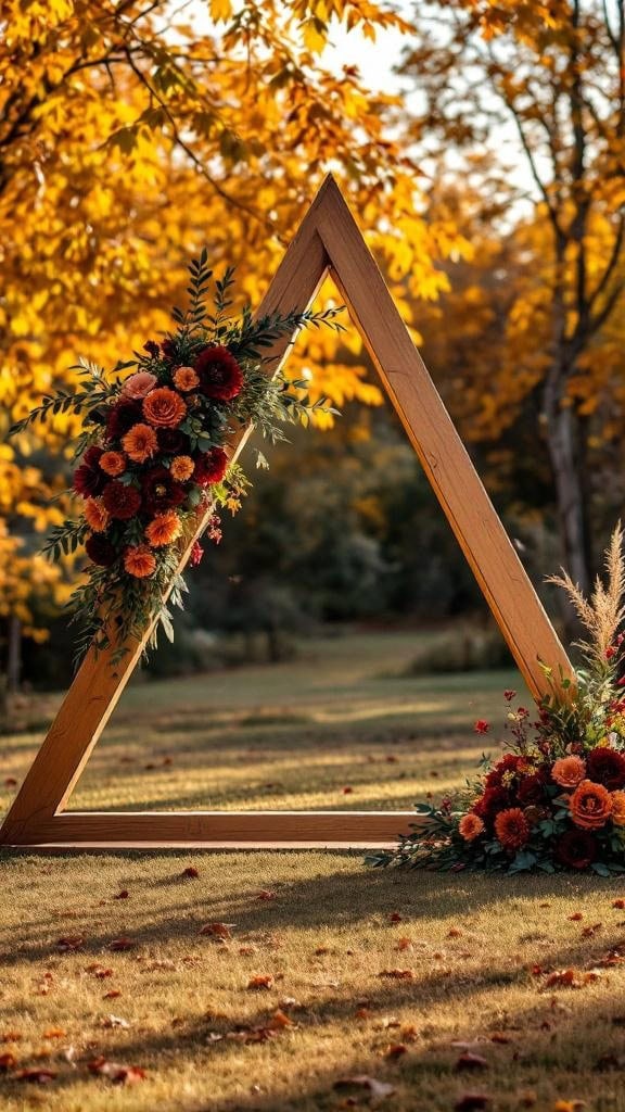 Triangle arch decorated with burgundy and burnt orange flowers in an autumn setting