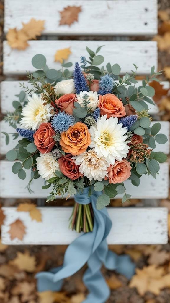 Bridal bouquet featuring rust and blue flowers with greenery, tied with a dusty blue ribbon.