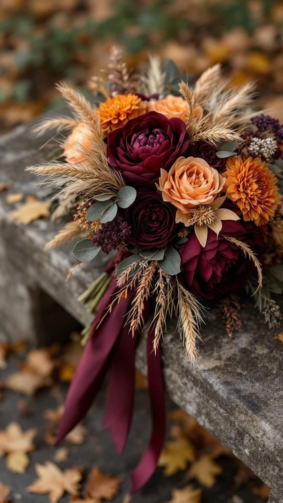 A beautiful bridal bouquet featuring burgundy and orange flowers with fall textures.