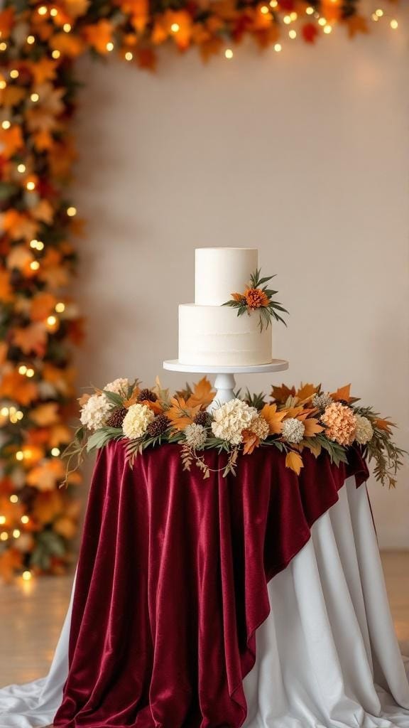 A cake display table with burgundy linen and fall garland, featuring a white three-tier cake decorated with flowers.