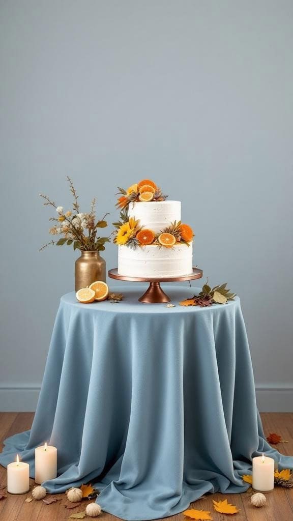 A cake table featuring a dusty blue velvet tablecloth, a white cake decorated with orange slices and sunflowers, copper accents, and autumn leaves.