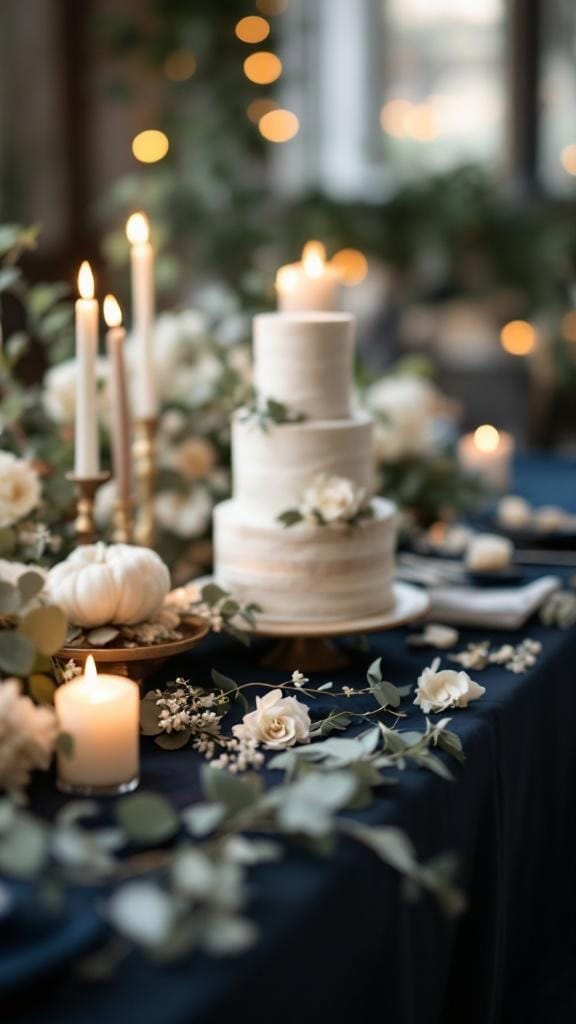 A beautifully arranged cake table with navy linen, a multi-tiered cake, sage green florals, and candles.
