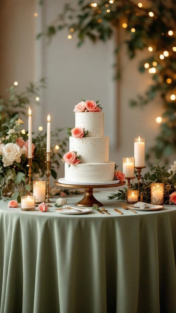 A beautifully decorated cake table featuring a two-tier cake with coral roses on a sage green tablecloth, surrounded by candles and greenery.