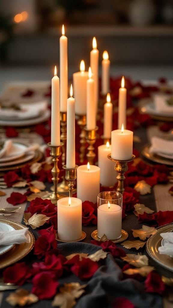A beautifully arranged table with gold candle holders, white candles, and deep red rose petals.