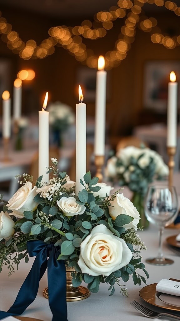 Elegant wedding centerpiece featuring white roses, eucalyptus, and navy ribbon with candles