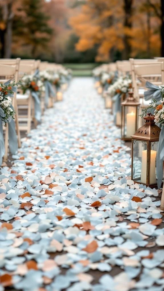 Ceremony aisle decorated with blue petals and copper lanterns