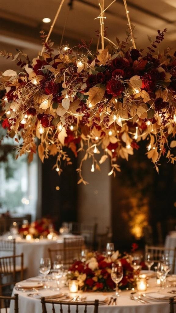 Chandelier decorated with red flowers and gold leaves, illuminated with soft lights, hanging above elegantly set tables.