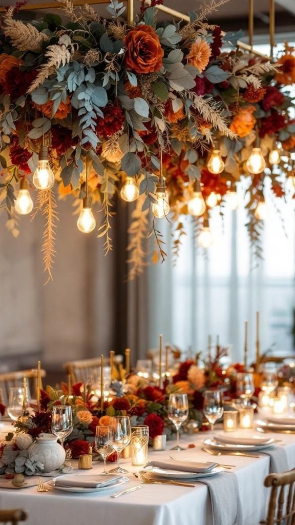 Chic floral installation in rust and blue above a beautifully set wedding table with candles and glassware.