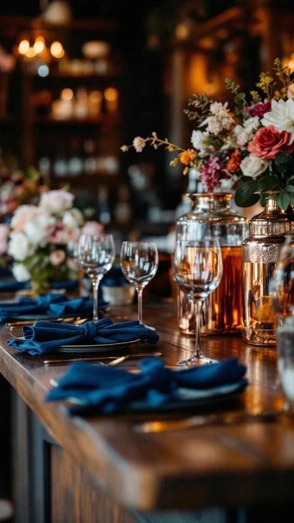 A bar setup featuring navy blue cocktail napkins and a sage green menu, surrounded by floral arrangements.