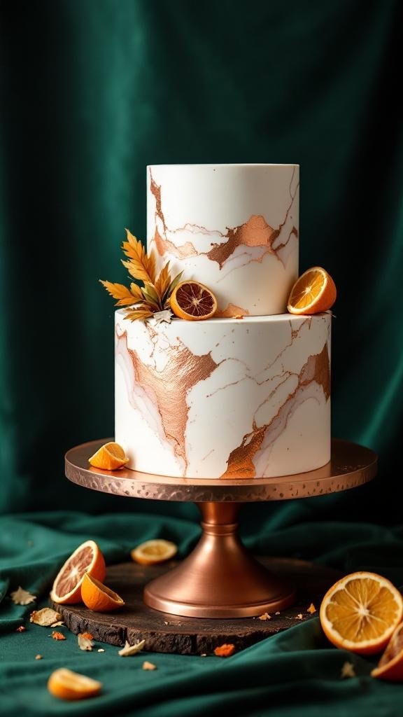 A marbled wedding cake on a copper cake stand with citrus decorations.
