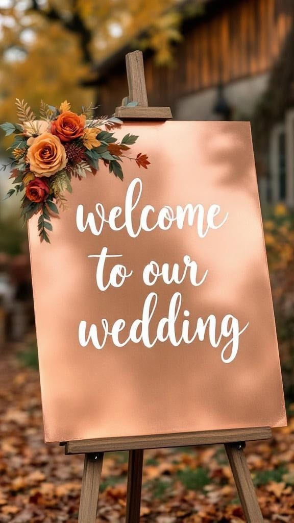 Copper calligraphy wedding sign with autumn florals