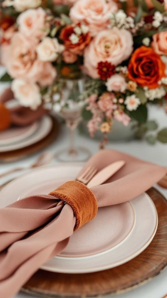 Table setting featuring copper flatware and velvet napkin rings with floral centerpiece