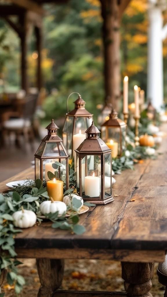 Copper lantern centerpieces on a rustic farm table with greenery and candles.