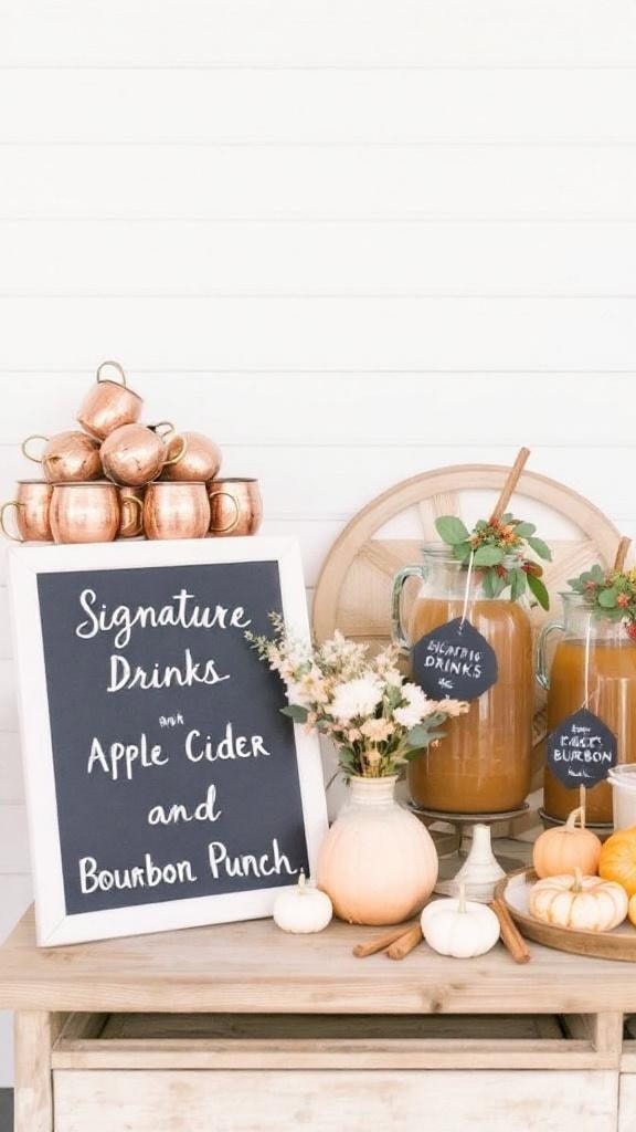 A copper mug drink station with signature cocktails, featuring a pitcher of apple cider bourbon punch, stacked copper mugs, and decorative pumpkins.