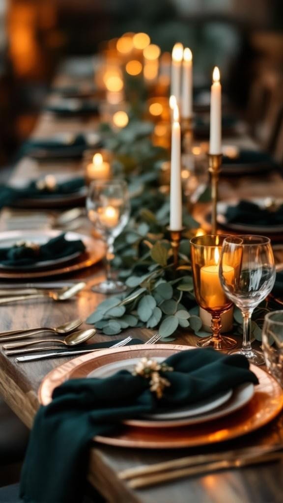 Copper table settings with dark green accents, featuring candles, foliage, and elegant dinnerware.