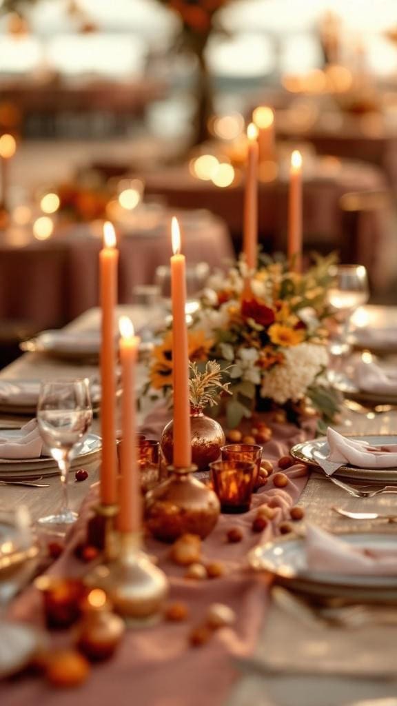 A beautifully set wedding reception table featuring copper votives and terracotta candles, surrounded by flowers and a warm color palette.