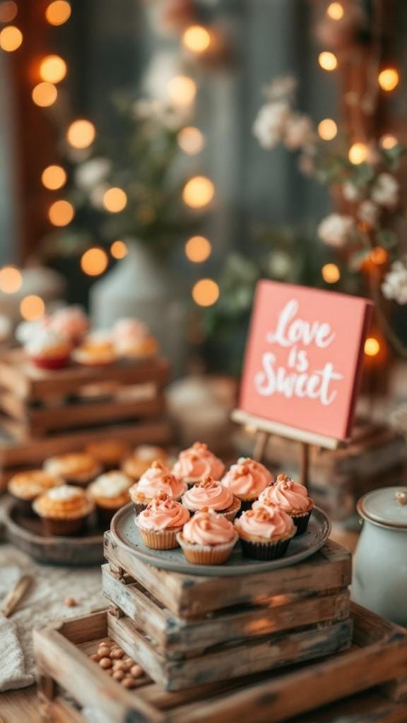 A dessert display featuring coral and sage green decor with twinkly lights, showcasing various desserts on white stands.