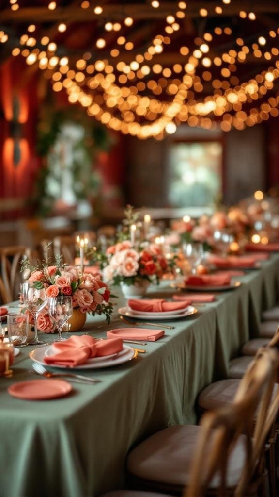 A reception table decorated with sage green linens, coral napkins, and twinkle lights, featuring a floral centerpiece.