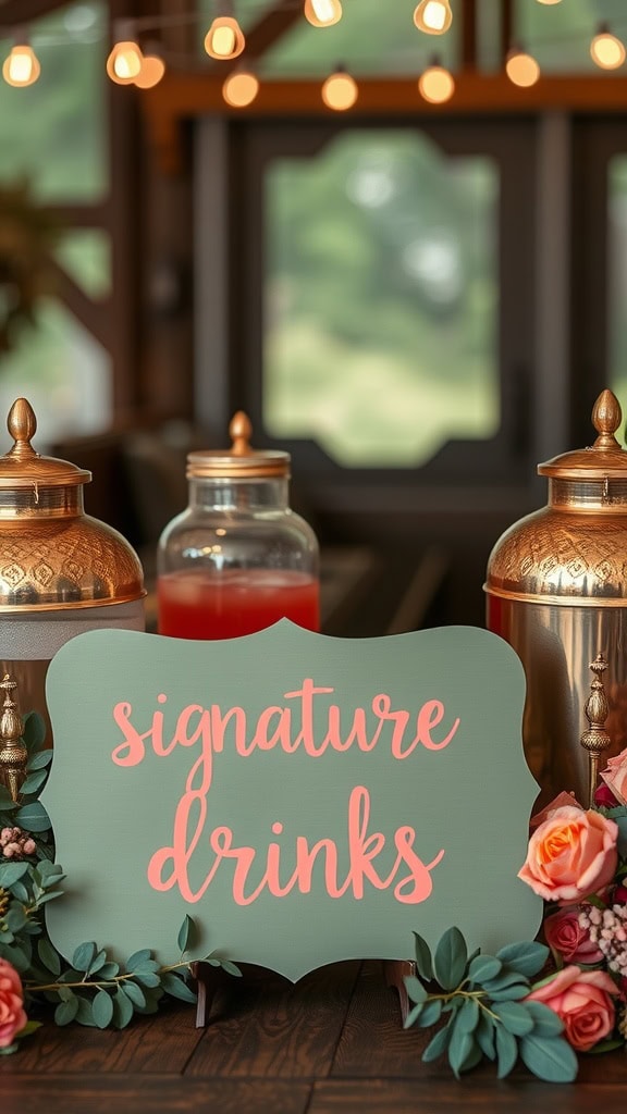 A coral and sage green wedding sign for signature drinks, surrounded by floral accents and drink dispensers.