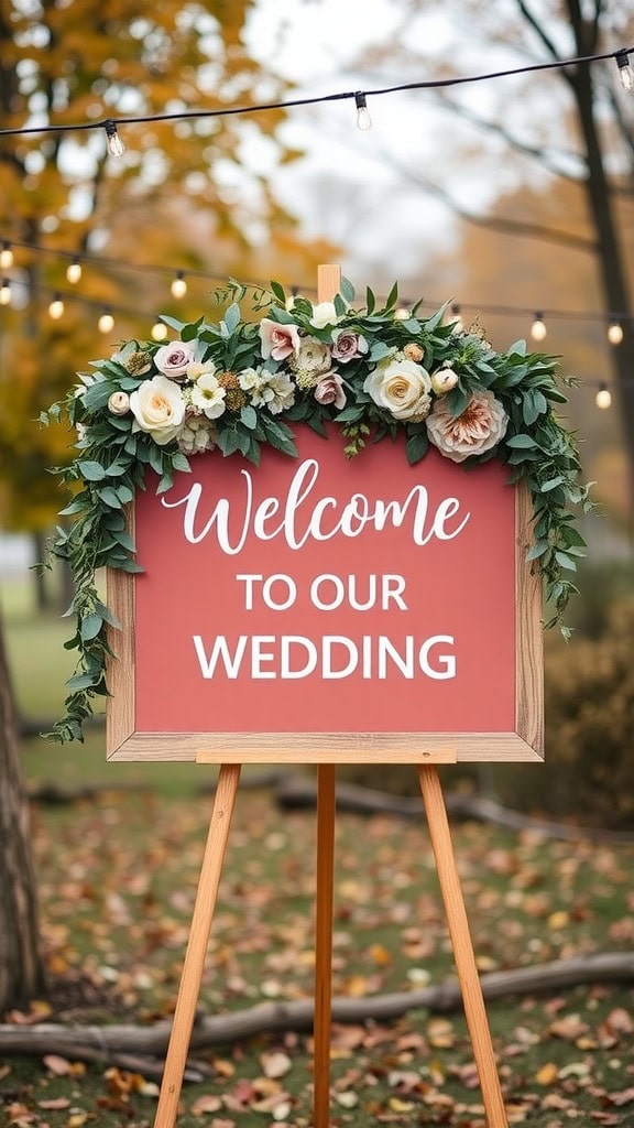 Coral welcome sign with sage green garland and flowers, set outdoors with string lights.