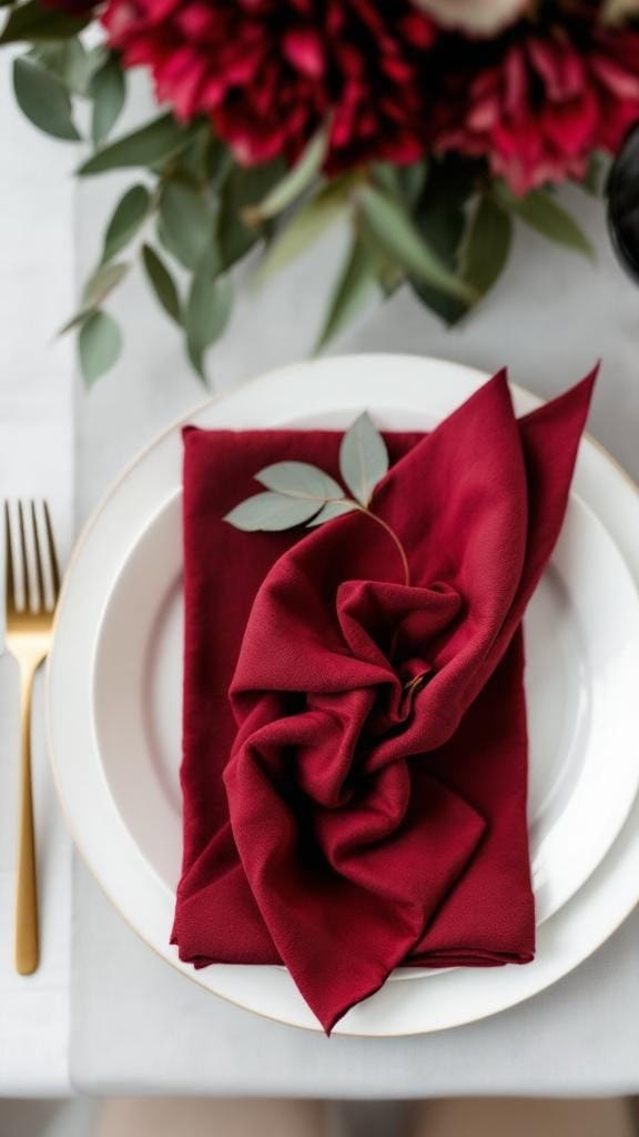 A table setting featuring deep red velvet napkins and gold flatware.