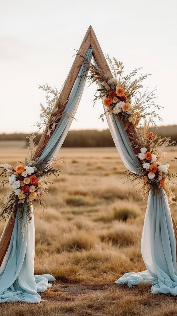 A triangle arch with dusty blue draped fabric and floral arrangements in russet orange and cream, set in a field during sunset.