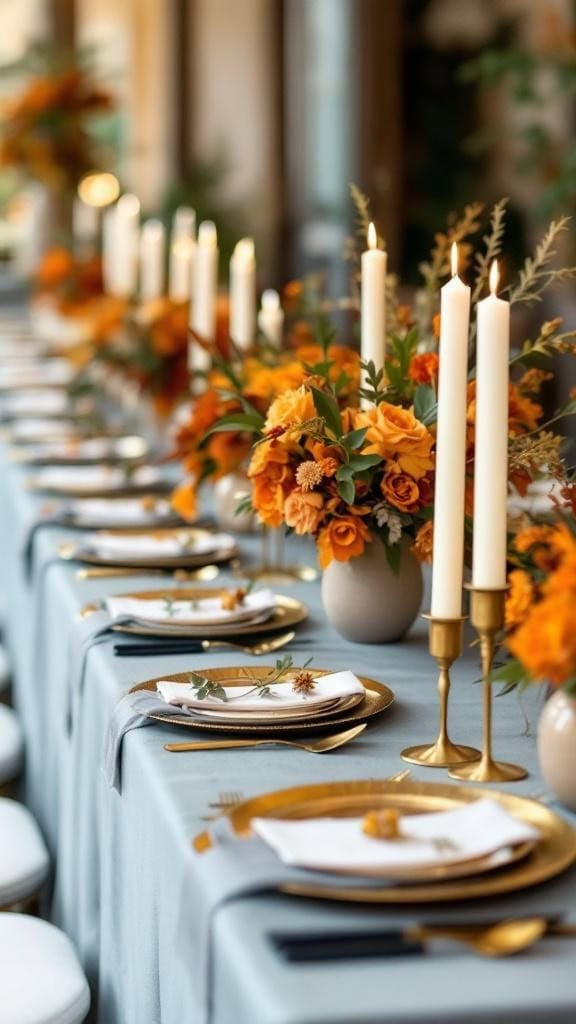 Reception table with dusty blue linen, russet floral arrangements, and elegant table settings.