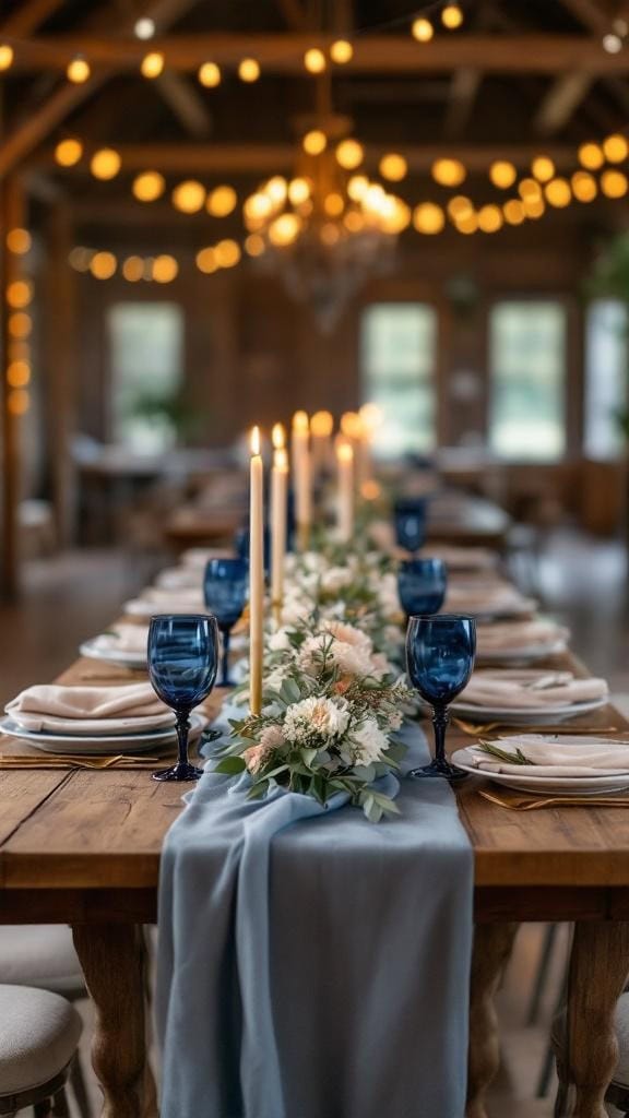 A beautifully set table for a fall wedding featuring dusty blue table runners, beige napkins, and navy glassware.