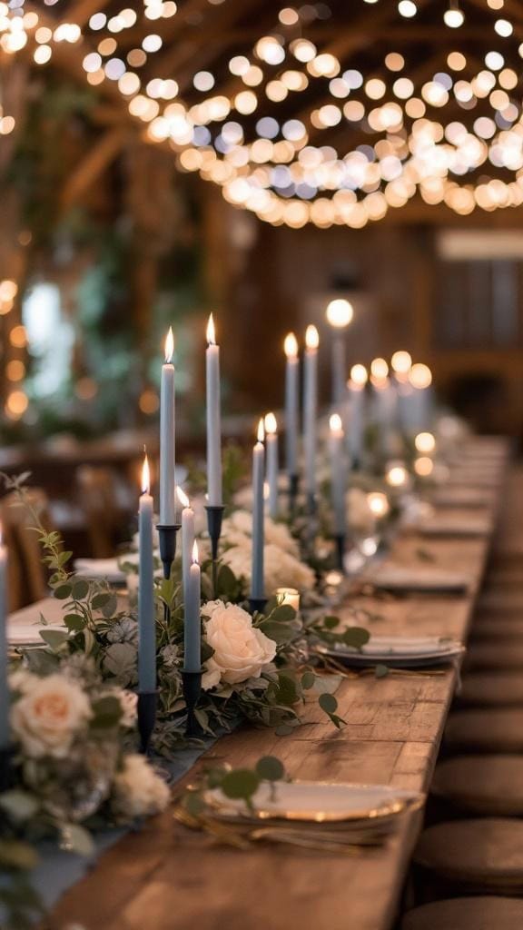 Dusty blue taper candles in navy holders on a wooden reception table with white roses and greenery.