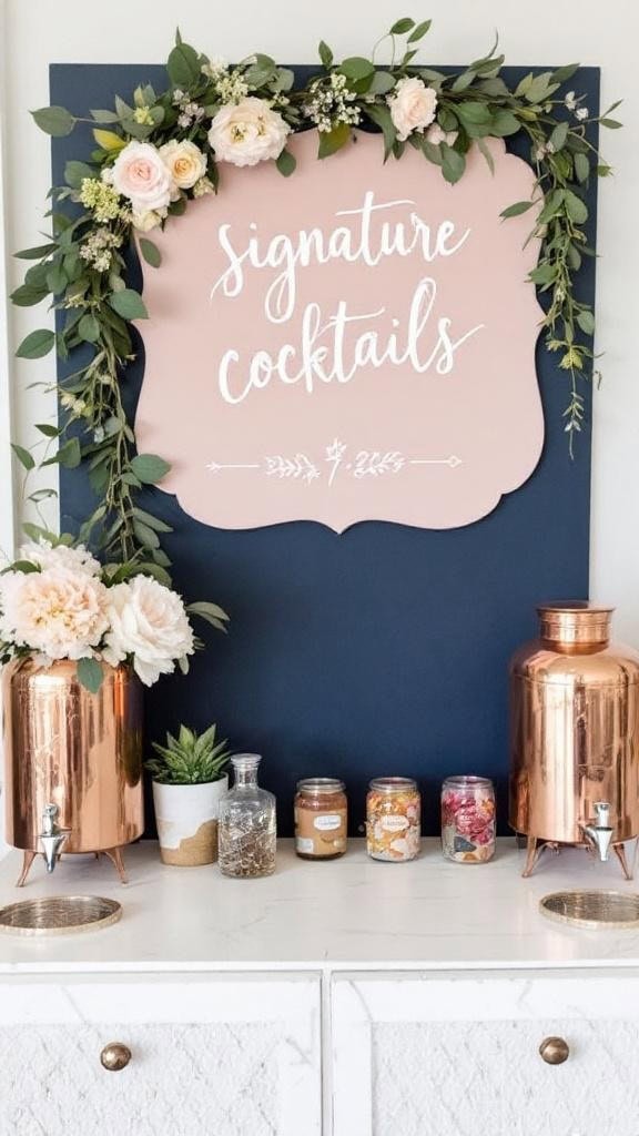 A beautifully arranged drink station with a 'signature cocktails' sign, floral arrangements, and decorative pumpkins.