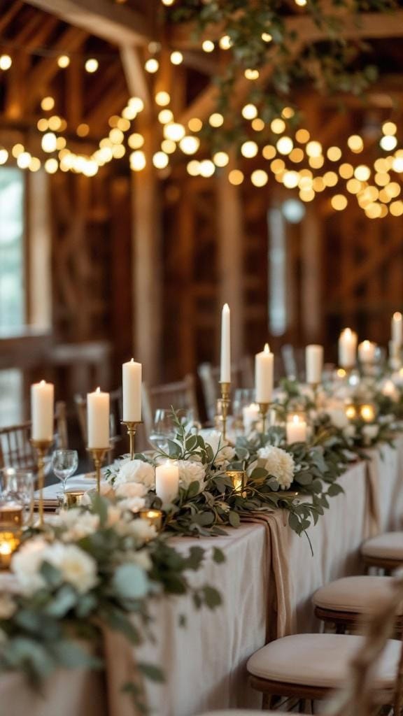 A beautifully decorated head table with sage green garland, gold candle holders, and white flowers, illuminated by soft lighting.