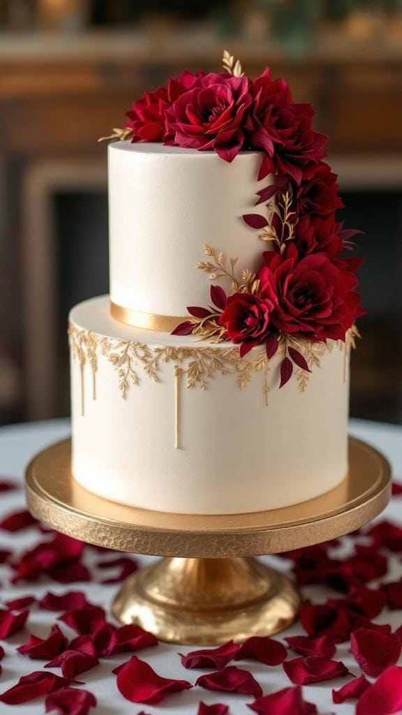 A two-tier wedding cake decorated with red flowers, gold accents, and surrounded by mini pumpkins and rose petals.