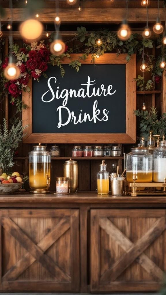 A rustic drink station with a rosewood sign and gold accents, featuring drinks and decorative elements for a fall wedding.
