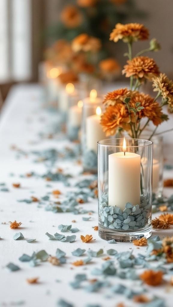 Floating candle centerpieces with dusty blue petals and rust-colored flowers
