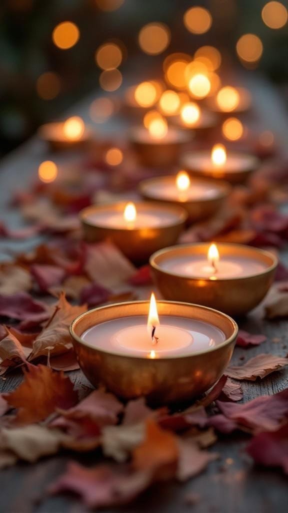 Floating candles in gold holders surrounded by rosewood petals