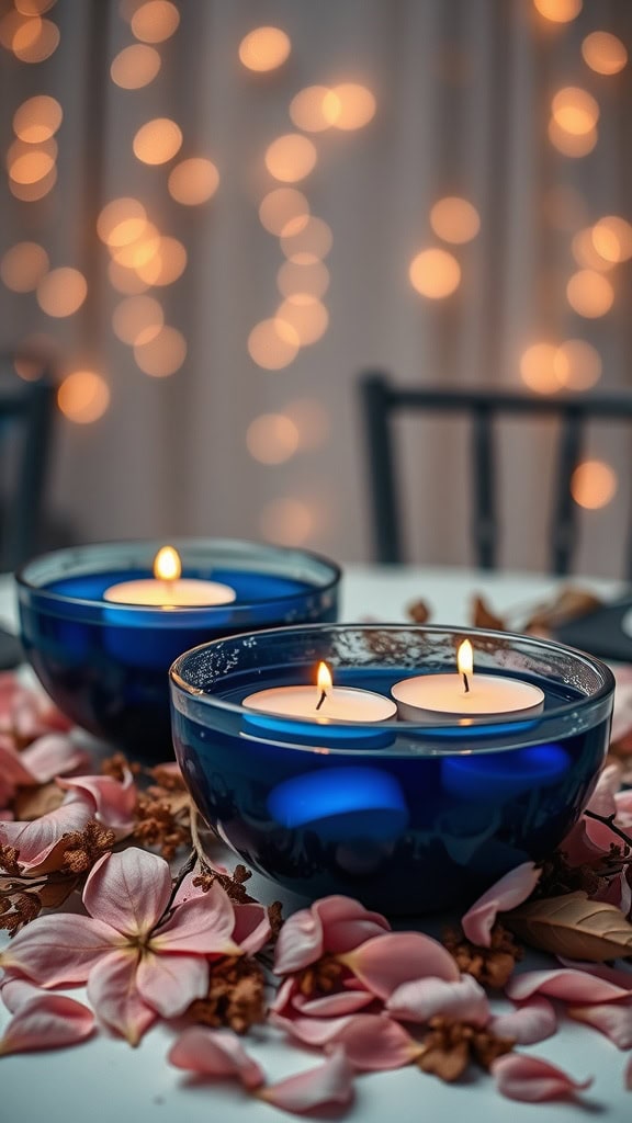 Navy bowls with floating candles surrounded by dusty pink petals on a table.