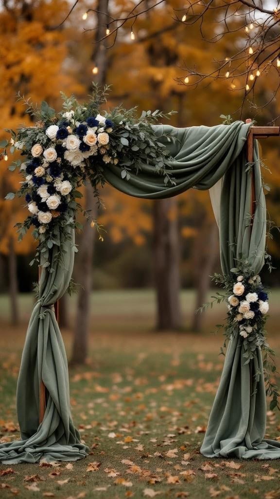 Floral arch with sage green draping and navy blue flowers, set against autumn foliage.
