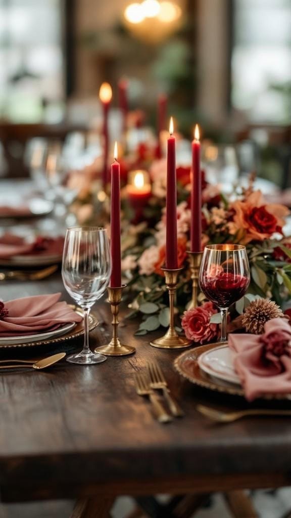 A beautifully set table featuring gold-rimmed glassware and deep red taper candles, surrounded by floral arrangements in warm tones.