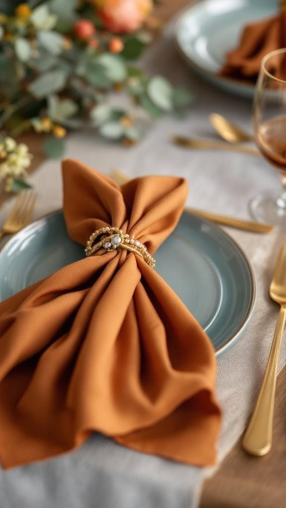 Table setting featuring gold-rimmed glassware, russet napkins on blue plates, and floral decor.