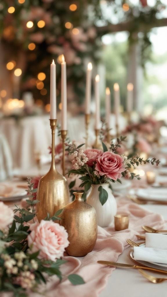 Gold candleholders with rosewood taper candles on a wedding table