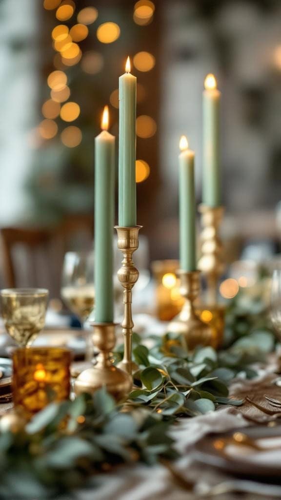 Gold candleholders with sage green taper candles on a beautifully set table with greenery and soft lighting.