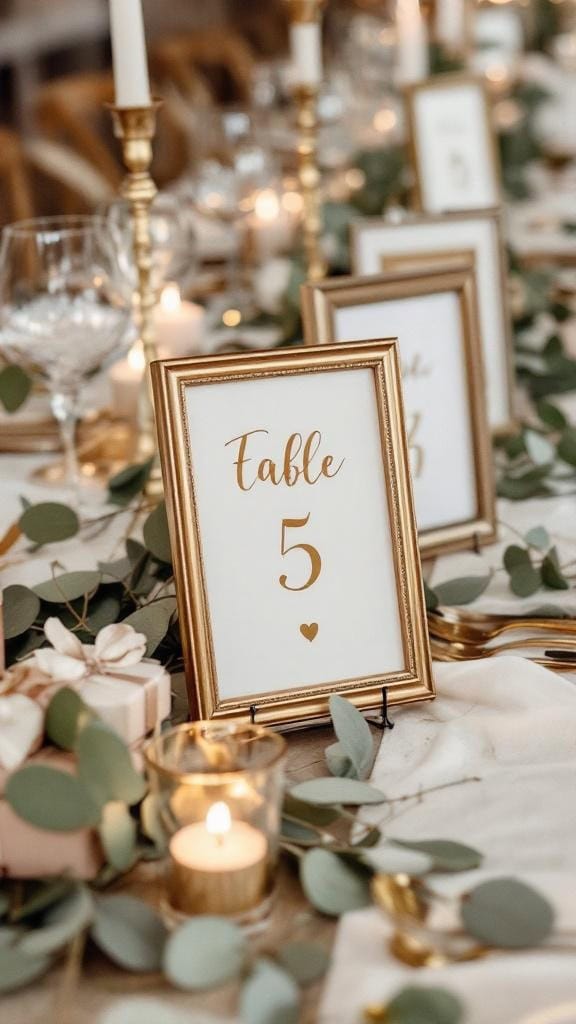 Gold frames displaying table numbers surrounded by sage green leaves and candles